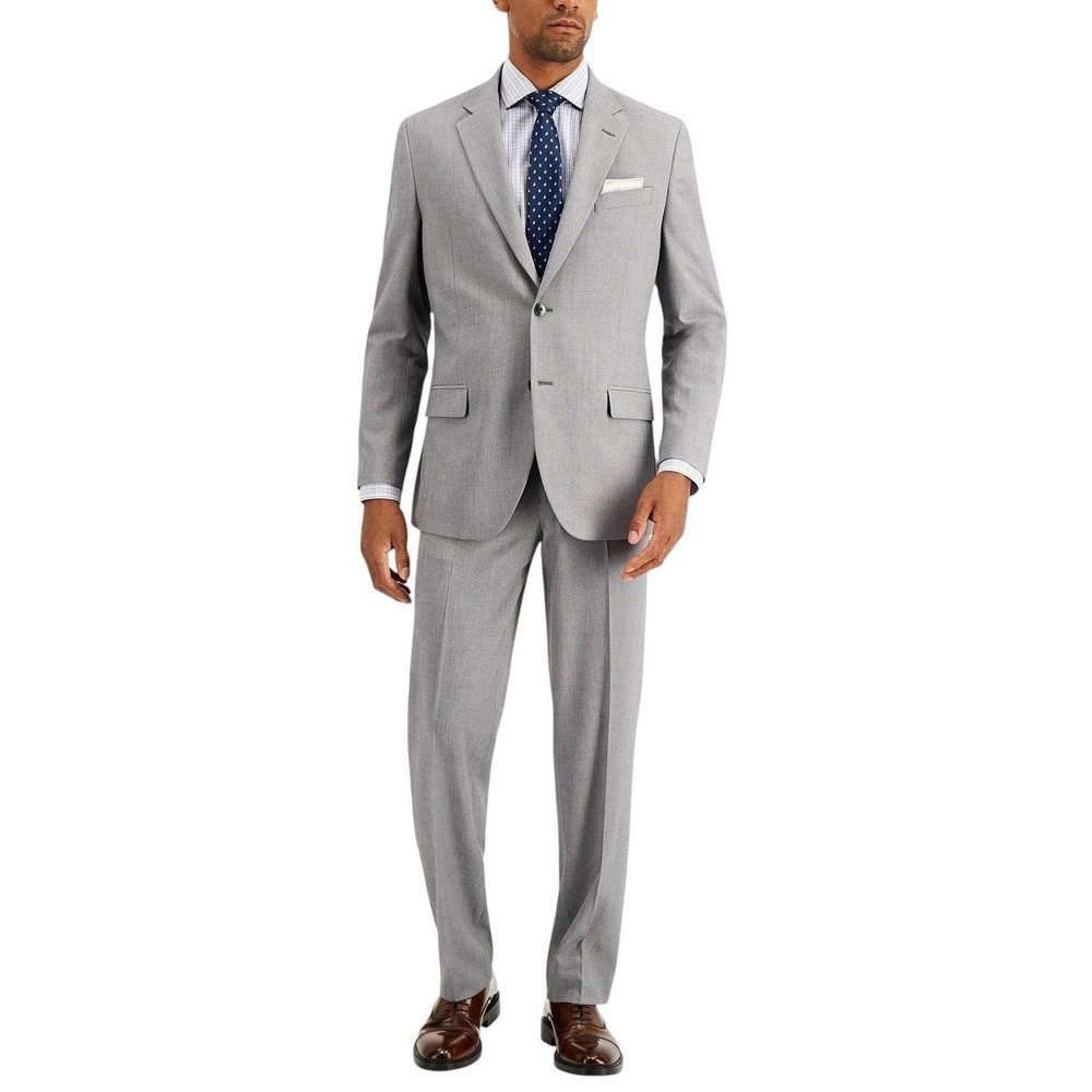 Nautica Mens Modern fit 2 Piece Suit Light Grey Solid Stretch 38R 32W 32L